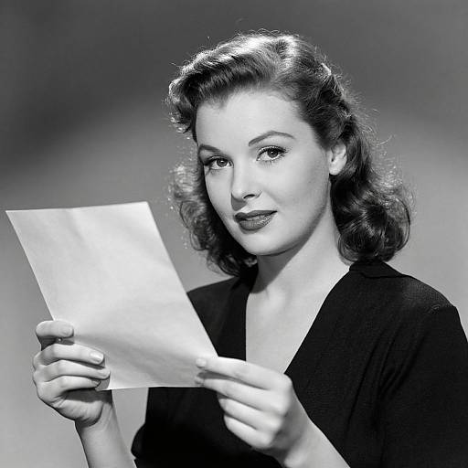 Black-and-white photograph of a 1940s-style woman with wavy hair, holding a blank sheet of paper, wearing a dark V-neck top