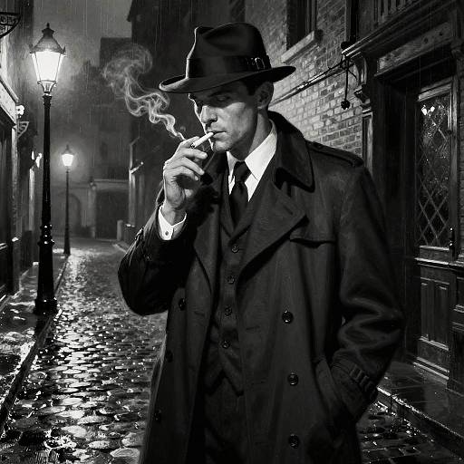 Film Noir Private Eye in Rainy Alley