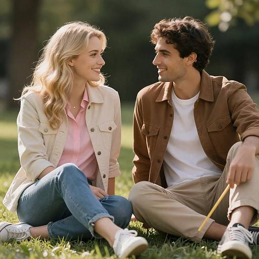 Sunlit Couple Sitting on Grass