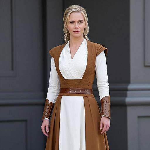 Photograph of a blonde woman in a white and brown Jedi-style dress with brown leather arm guards, standing in front of a dark grey, paneled