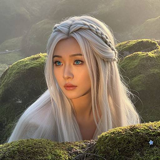 Digital CGI of a fair-skinned, blue-eyed, long white-haired woman with braided crown, set against a sunlit, mossy forest background