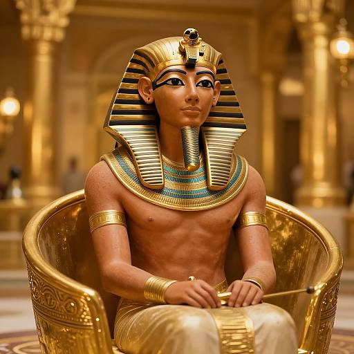 Photorealistic CGI of an Egyptian pharaoh with dark skin, striped golden headdress, blue-and-gold collar, seated in a golden throne.