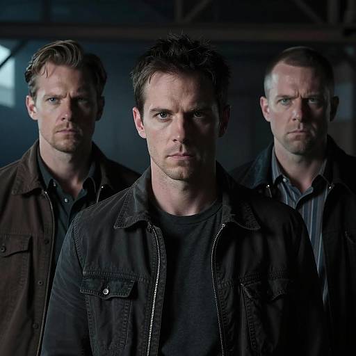 Three Intense Men in Industrial Shadows