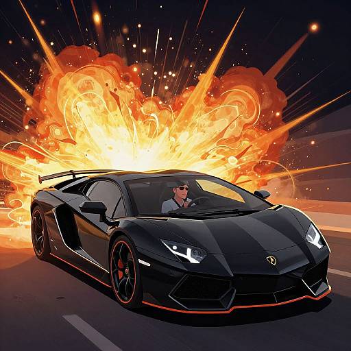 Photograph-style digital artwork of a black Lamborghini with red accents, driven by a man wearing sunglasses, amidst a massive, fiery explosion.