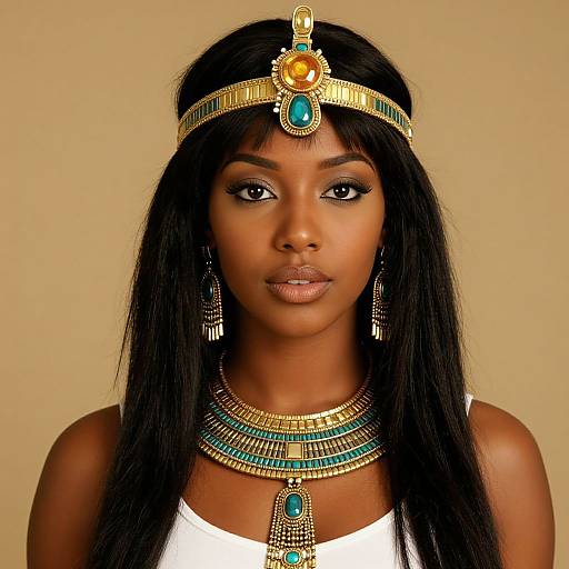 Photograph of a beautiful Black woman with long black hair, wearing an ornate gold and turquoise headpiece, matching necklace, and earrings, against a
