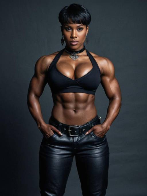 Muscular Woman With Defined Abs and Black Leather Pants