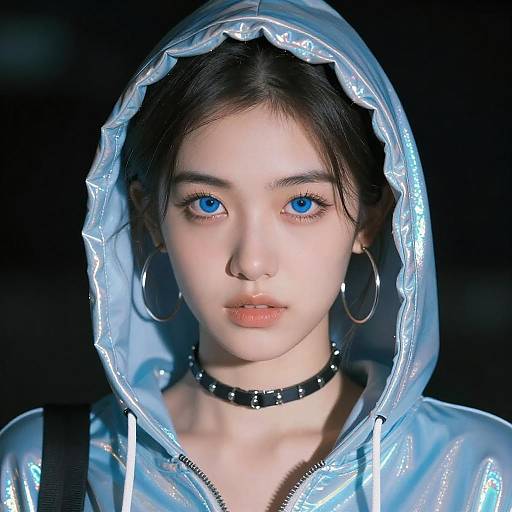 Young Woman in Iridescent Blue Hoodie