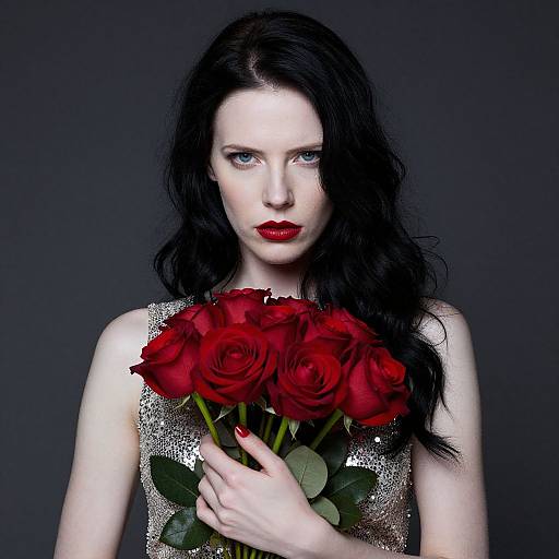 Photograph of a pale-skinned woman with black wavy hair, red lipstick, holding red roses, wearing a silver sequined dress, dark background