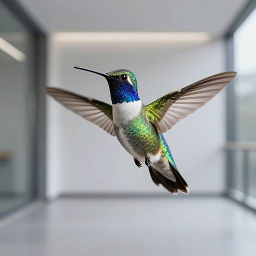 Photograph of a vibrant green and blue hummingbird in mid-flight, wings spread, in a modern, brightly lit hallway with large windows.