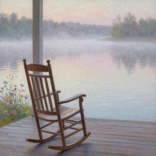 Photograph of a wooden rocking chair on a misty lake pier at dawn, with wildflowers and a calm water reflection.