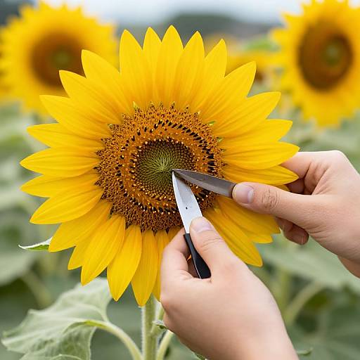 Photograph of a hand using a knife to cut a vibrant yellow sunflower in a lush field, with blurred sunflowers in the background.