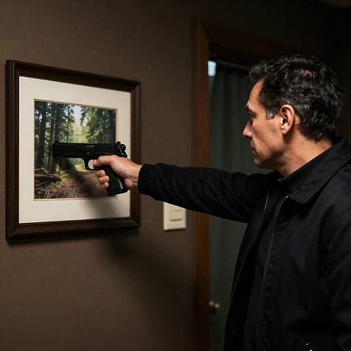 Intense Man Aiming at a Picture