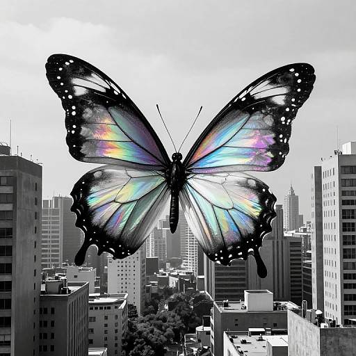 Photograph-style digital art: massive iridescent butterfly with black-spotted wings, vivid rainbow colors, hovering above a grayscale cityscape of tall buildings