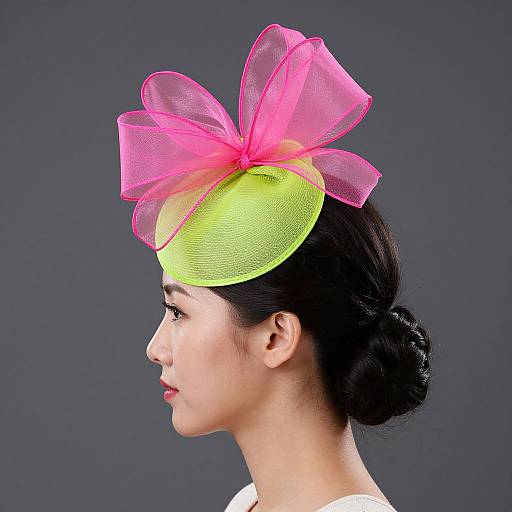 Photograph of an Asian woman in profile, wearing a bright neon green hat with a large, translucent pink bow, against a dark gray background.