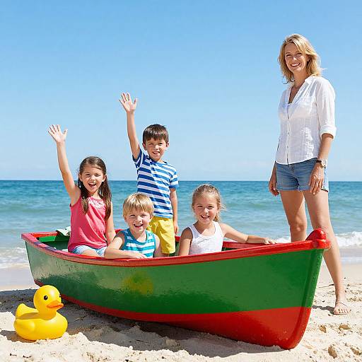 Photograph of a smiling family in a green and red boat on a sunny beach, with a blonde woman, four children, and a yellow rubber duck