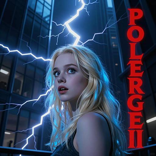 Young Woman with Blue Lightning and Poltergeist III Text