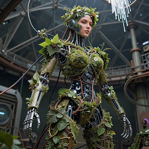 Photorealistic CGI of a cyborg woman with metallic arms and green foliage-covered torso, wearing a leafy crown, in a futuristic industrial setting.