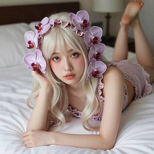 Digital artwork of a young woman with pale skin, platinum blonde hair, and pink flower headband, lying on a white bed in pink lingerie. Soft