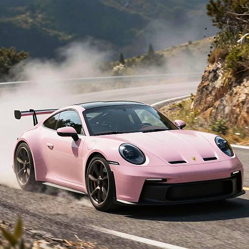 Photograph of a pink Porsche 911 Carrera speeding down a mountain road, kicking up white smoke, with lush greenery in the background.