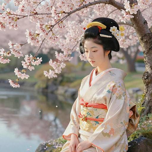 Serene Geisha in Cherry Blossom Garden