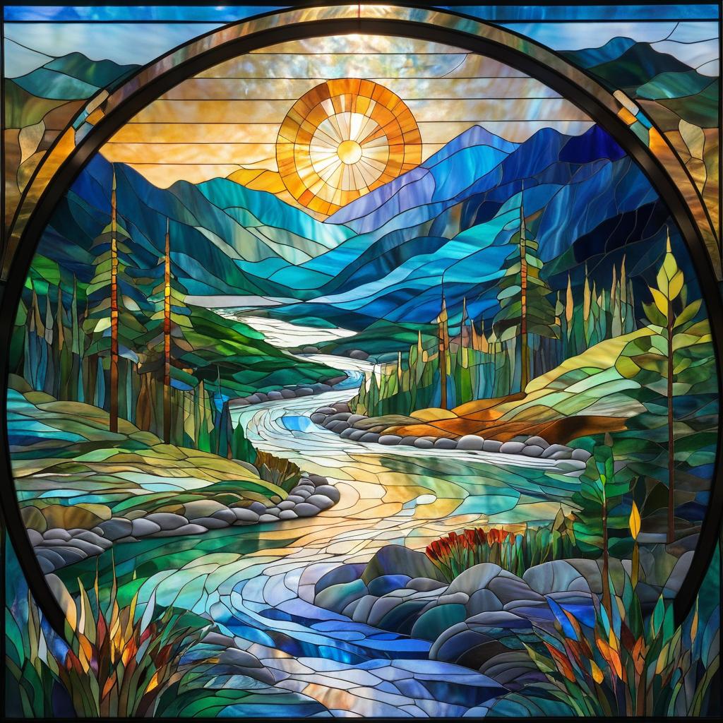 Stained Glass Serenity: Vibrant Landscape Art