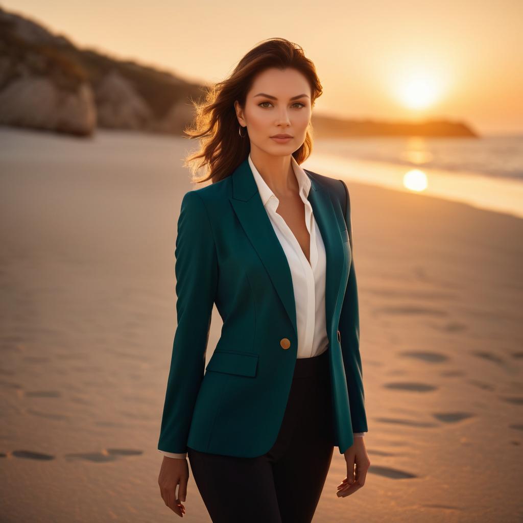 Cinematic Businesswoman at Sunset Beach