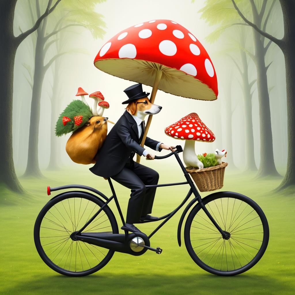 Surrealistic Dog on Bicycle with Mushroom