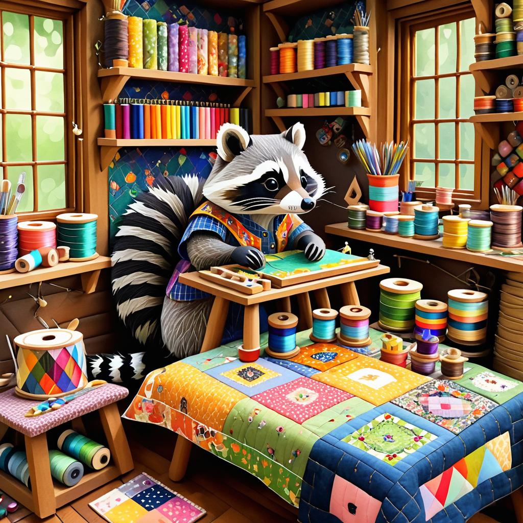 Crafty Raccoon Sewing a Cozy Quilt