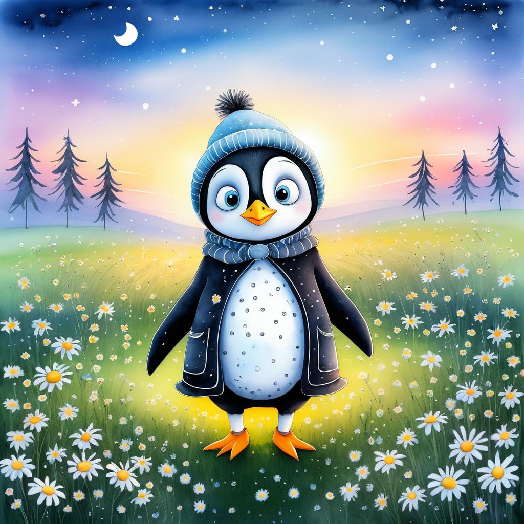 Whimsical Penguin in a Twilight Field