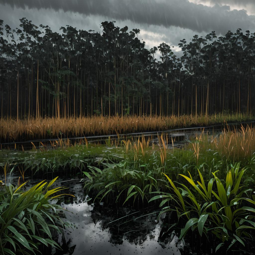 Dusk in a Rainy Bog Landscape