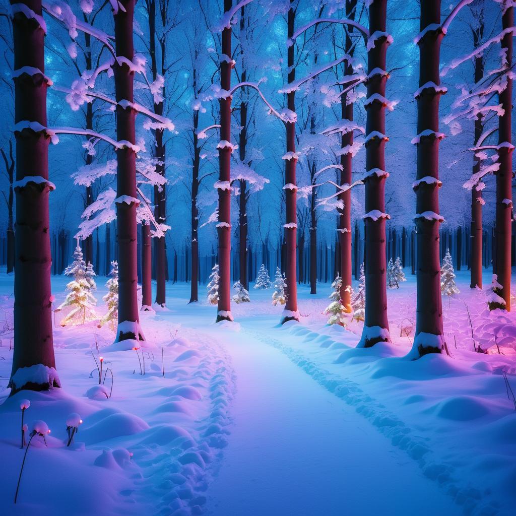 Magical Snowy Forest with Colorful Lights