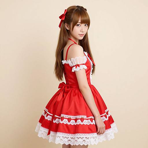 Photograph of an Asian woman with long brown hair, wearing a red off-shoulder lace-trimmed dress, red ribbon hairpiece, smiling