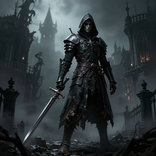 Digital fantasy artwork: Dark hooded warrior with bloodstained armor, holding a sword, stands in a foggy, gothic cityscape at night