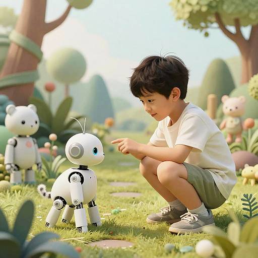 Boy AI with Robotic Animals in Garden