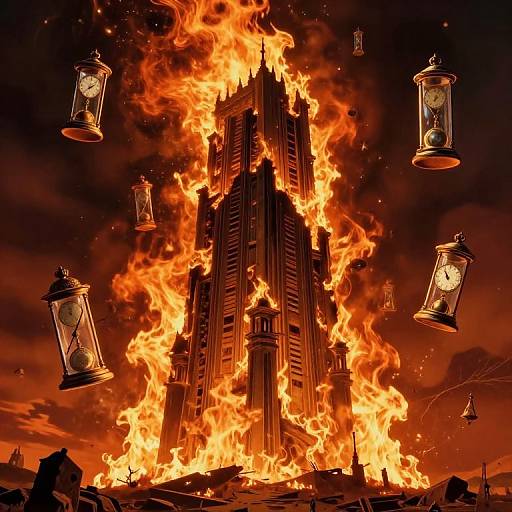 Digital illustration of a towering Gothic-style building engulfed in intense orange flames, surrounded by four floating, burning lanterns with clock faces. Dark, dramatic