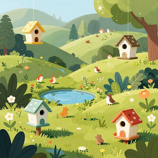Whimsical digital illustration of a sunny meadow with four colorful birdhouses, a small pond, and vibrant flowers surrounded by rolling hills and trees.