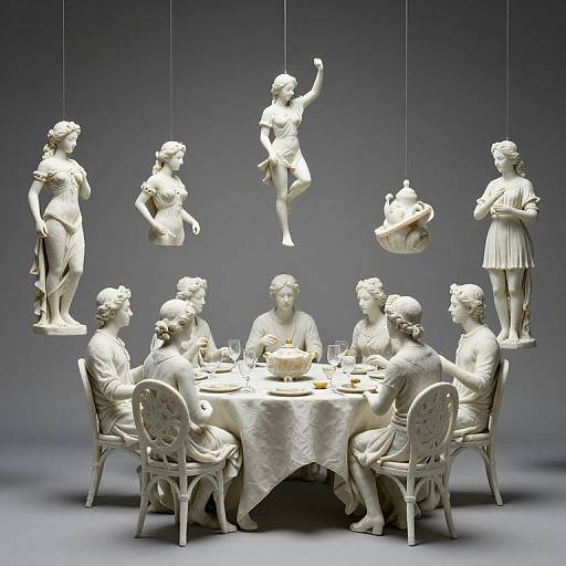 Photograph of a surreal sculpture: six white, classical-style statues of women, some floating, gathered around a table with chairs, set against a dark