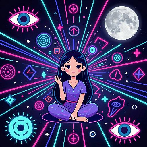 Psychedelic Neon Meditation Cartoon