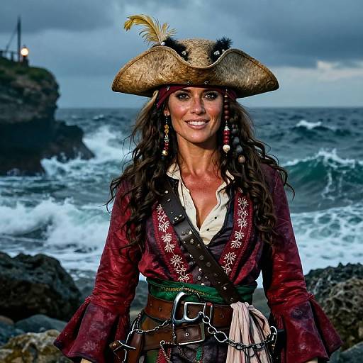 Photograph of a smiling woman in a pirate costume with a tricorn hat, red velvet shirt, and brown belt, standing on a rocky beach with