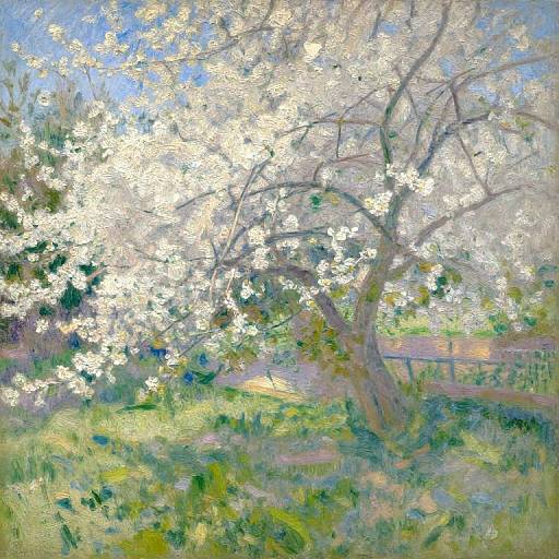 Impressionist-style painting of a sunlit orchard with blooming white cherry blossoms, green grass, and a blurred wooden fence in the background