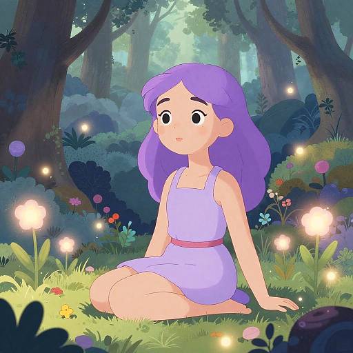 Purple-Haired Girl in Magical Forest