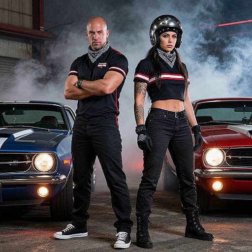 Photograph of a muscular bald man and a tattooed woman in black attire, standing confidently between two classic muscle cars, smoke in background. Both wear