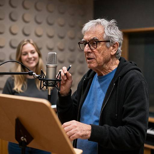 Senior man recording in studio with young woman