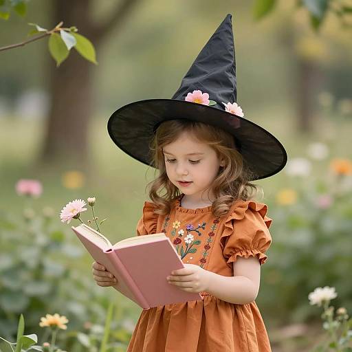 Toddler in Witch Hat Reading in Garden