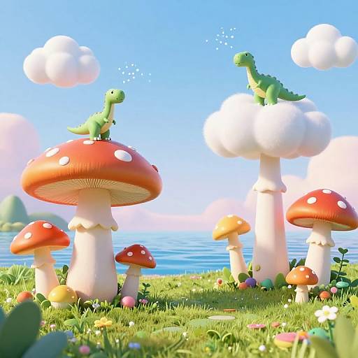 Digital artwork: Two green, dinosaur-like creatures on red and white mushrooms beside a lake, with a bright blue sky and fluffy clouds.