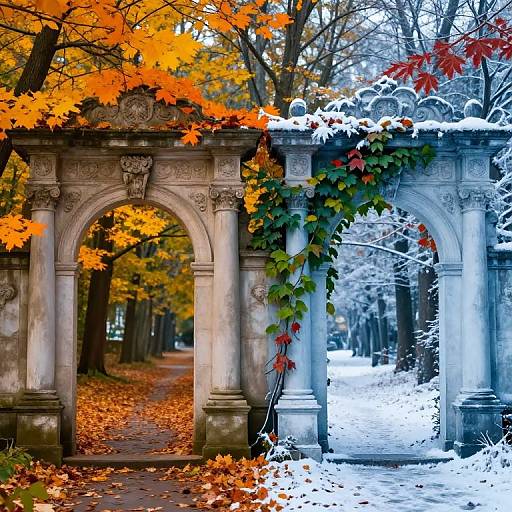 Photograph of a stone archway in autumn, showcasing vibrant orange leaves on the left and snow-covered ground on the right.