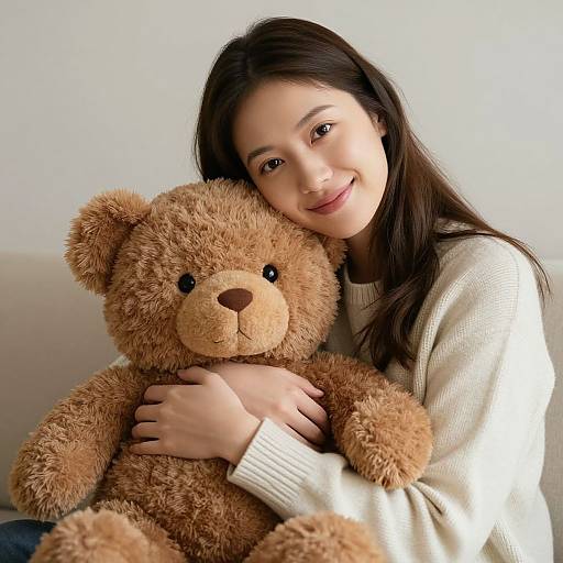 Photograph of a smiling Asian woman with long dark hair, wearing a white sweater, hugging a fluffy brown teddy bear.