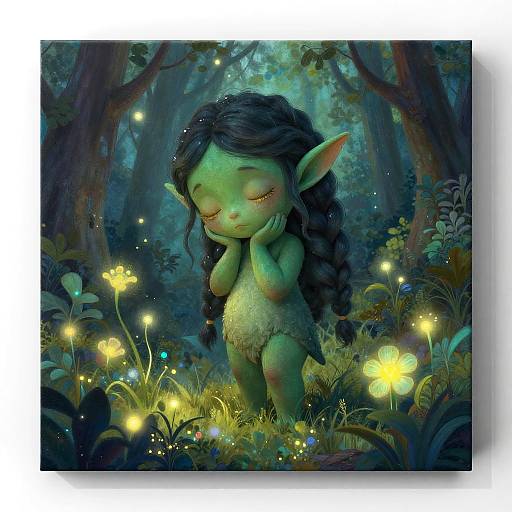 Digital illustration of a green, fairy-like child with long black hair, closed eyes, and elf ears, surrounded by glowing yellow flowers in a mystical,