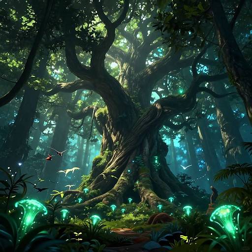 Fairy-tale forest scene: massive, glowing blue-lit enchanted tree with bioluminescent mushrooms, ethereal light filtering through dense foliage,