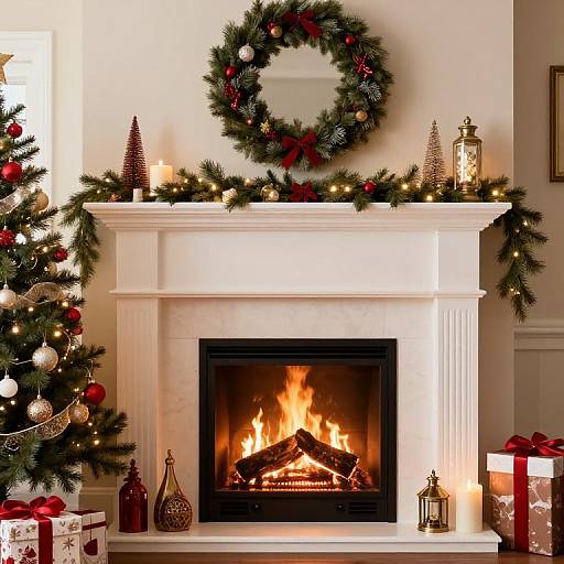 Photograph of a festive living room with a lit fireplace, Christmas wreath, decorated tree, and gifts, adorned with garlands and ornaments.